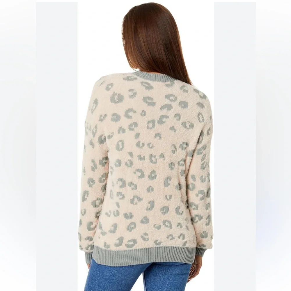 Splendid Mal Leopard Print Gray and Cream Crewneck Sweater - Picture 2 of 5
